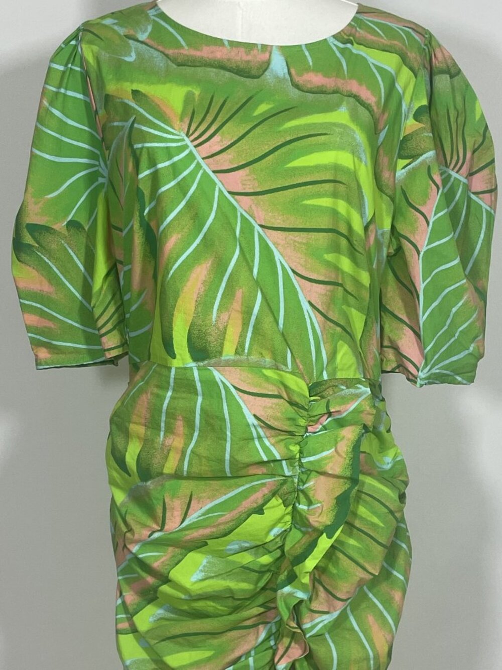 Farm Rio x Anthropologie Tropical Leaf Puff-Sleeve Ruched Mini Dress